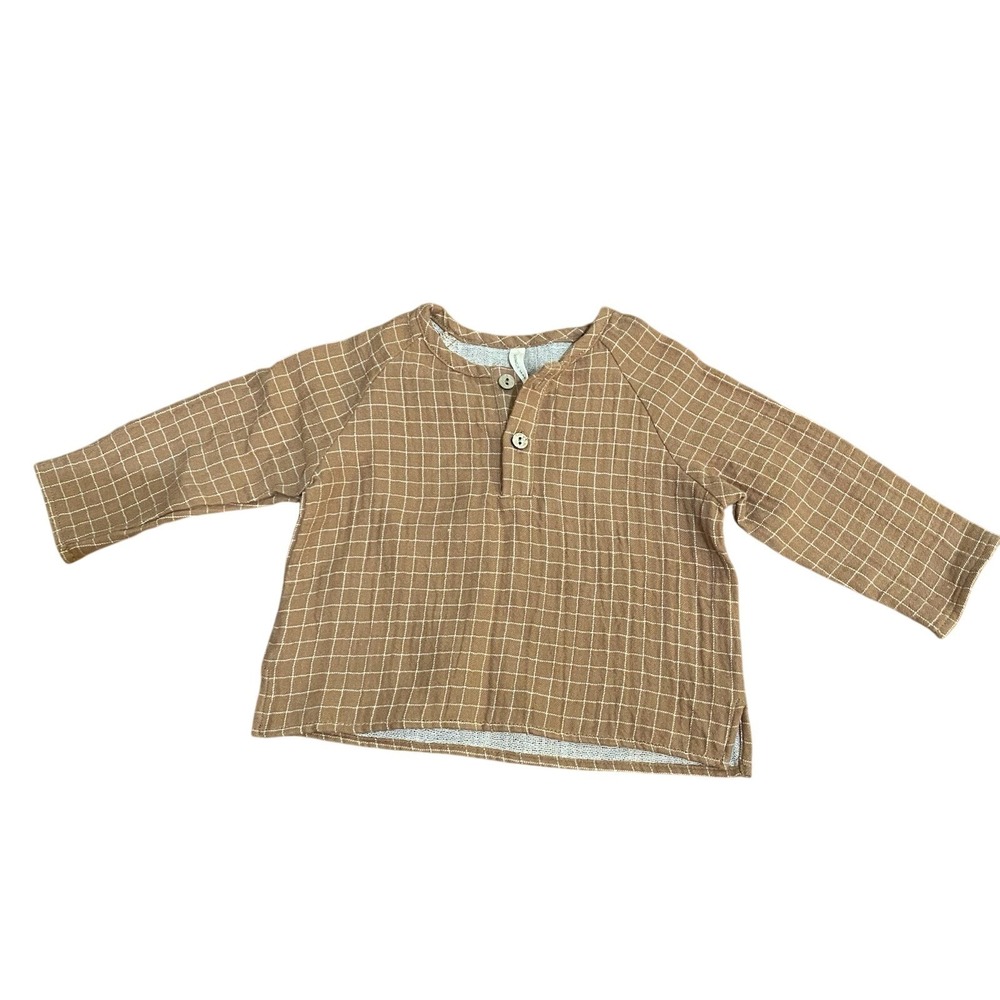 Quincy‎ Mae Baby 6-12 Months Girl Unisex Brown Windowpane Shirt Organic Cotton